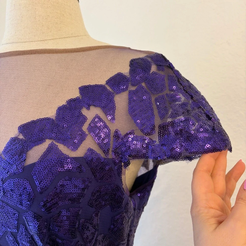 Tadashi Shoji Gown 6 Purple Sequin Illusion Mesh Formal Dress Event Gala Wedding